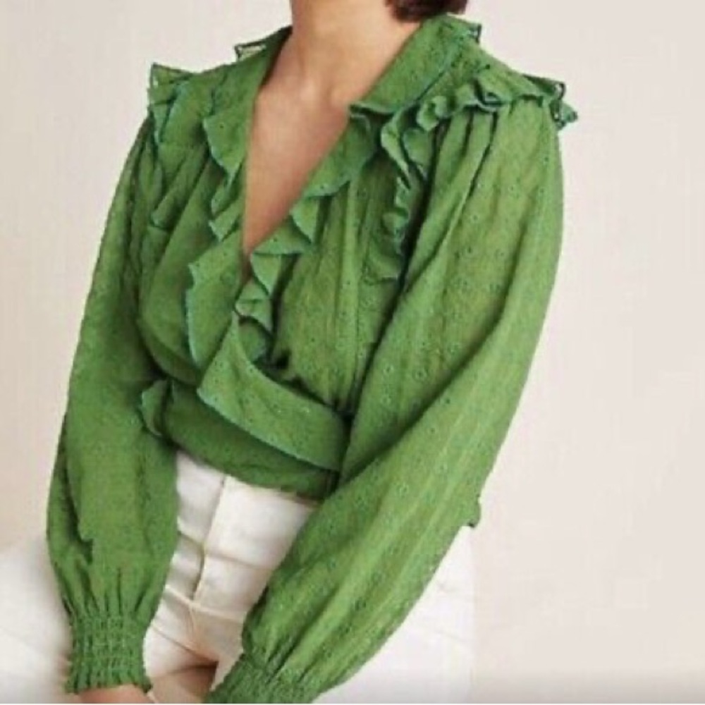 Anthropologie MAEVE‎ Laila Ruffle Blouse Top Wrap Shirt Green Eyelet Floral